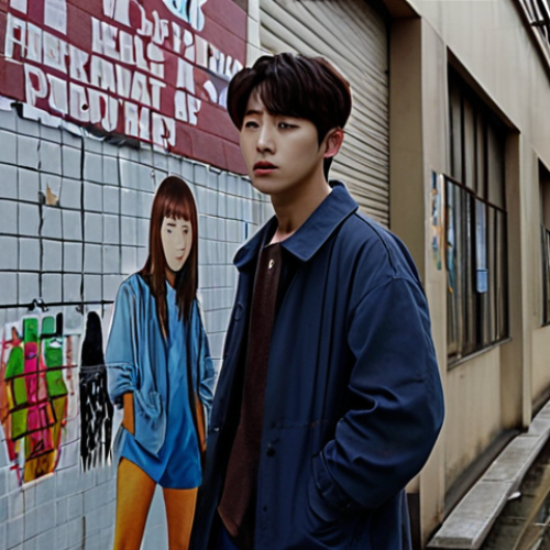 **

A poignant scene from a Korean drama, possibly set in a modern urban environment. Focus on emotional depth and relatable themes such as youth unemployment or mental health challenges faced by young adults. The style should be visually captivating, reflecting the high production quality of K-dramas, with a slightly melancholic tone. Consider adding elements of social commentary subtly woven into the background, like posters or graffiti reflecting social issues.

**