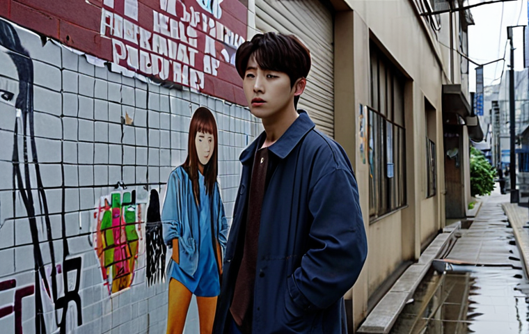 **
A poignant scene from a Korean drama, possibly set in a modern urban environment. Focus on emotional depth and relatable themes such as youth unemployment or mental health challenges faced by young adults. The style should be visually captivating, reflecting the high production quality of K-dramas, with a slightly melancholic tone. Consider adding elements of social commentary subtly woven into the background, like posters or graffiti reflecting social issues.
**